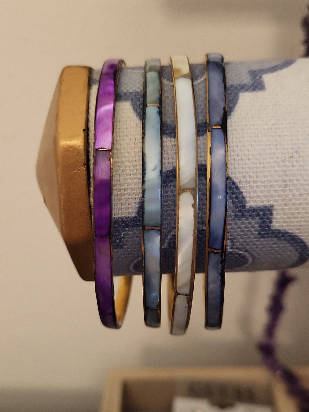 4 Vintage Brass Mother Of Pearl Shell Tile Inlay Bangle Bracelets